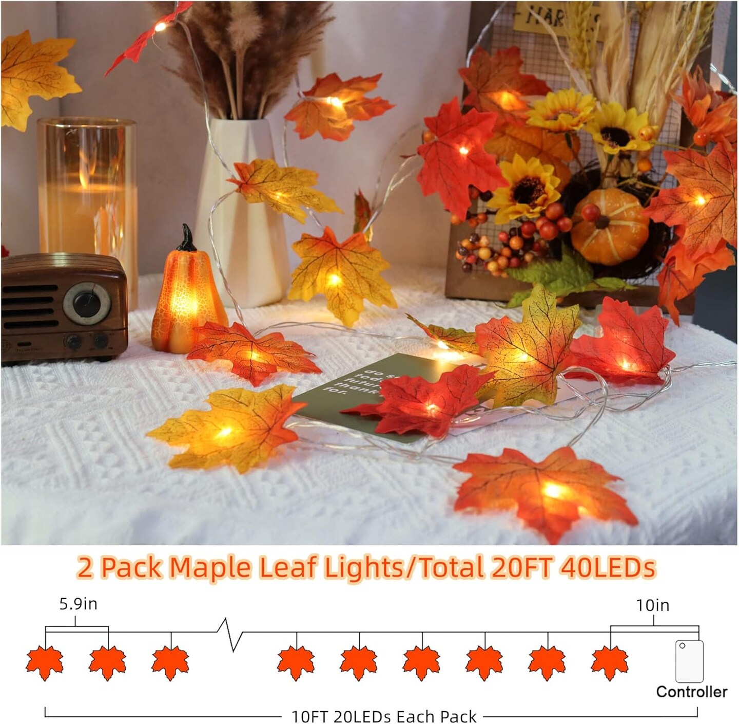 2-Pack 20FT Thanksgiving Garland with Pumpkin & Maple Leaf Lights – 40 LED Battery-Operated 3D Fall Leaves String Lights for Mantel, Table, Porch, Door, Indoor & Outdoor Decor (Orange)