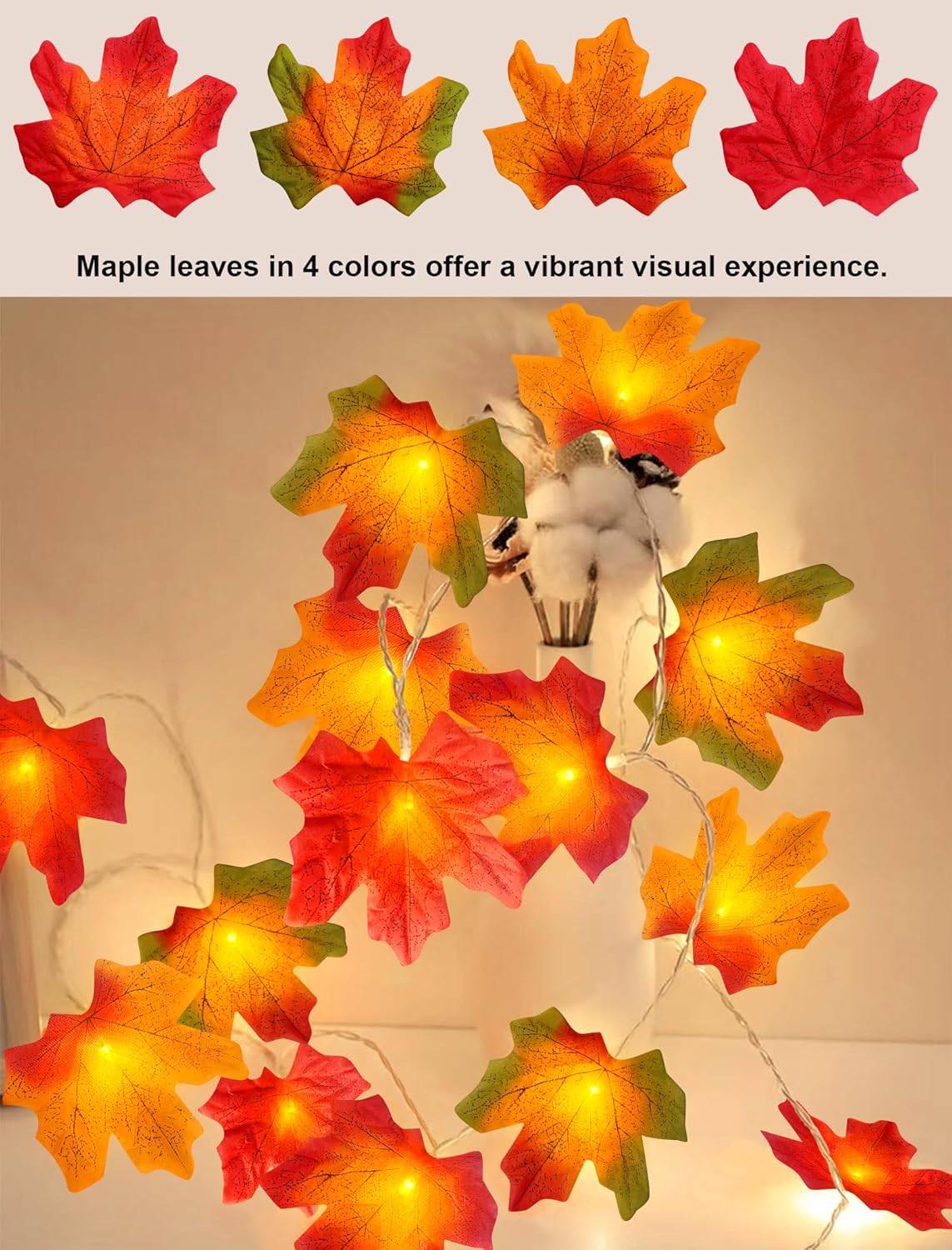 2-Pack 10FT Fall Maple Leaf String Lights – 40 LED Battery-Operated Autumn Garland for Thanksgiving, Halloween, Indoor & Outdoor Home Decor