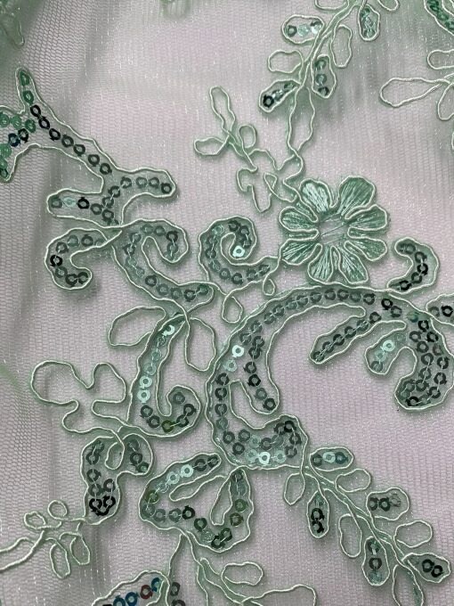 1 Yard Mint Green Corded Sequin Lace Mesh Fabric with Double Scalloped Edge 54” Wide
