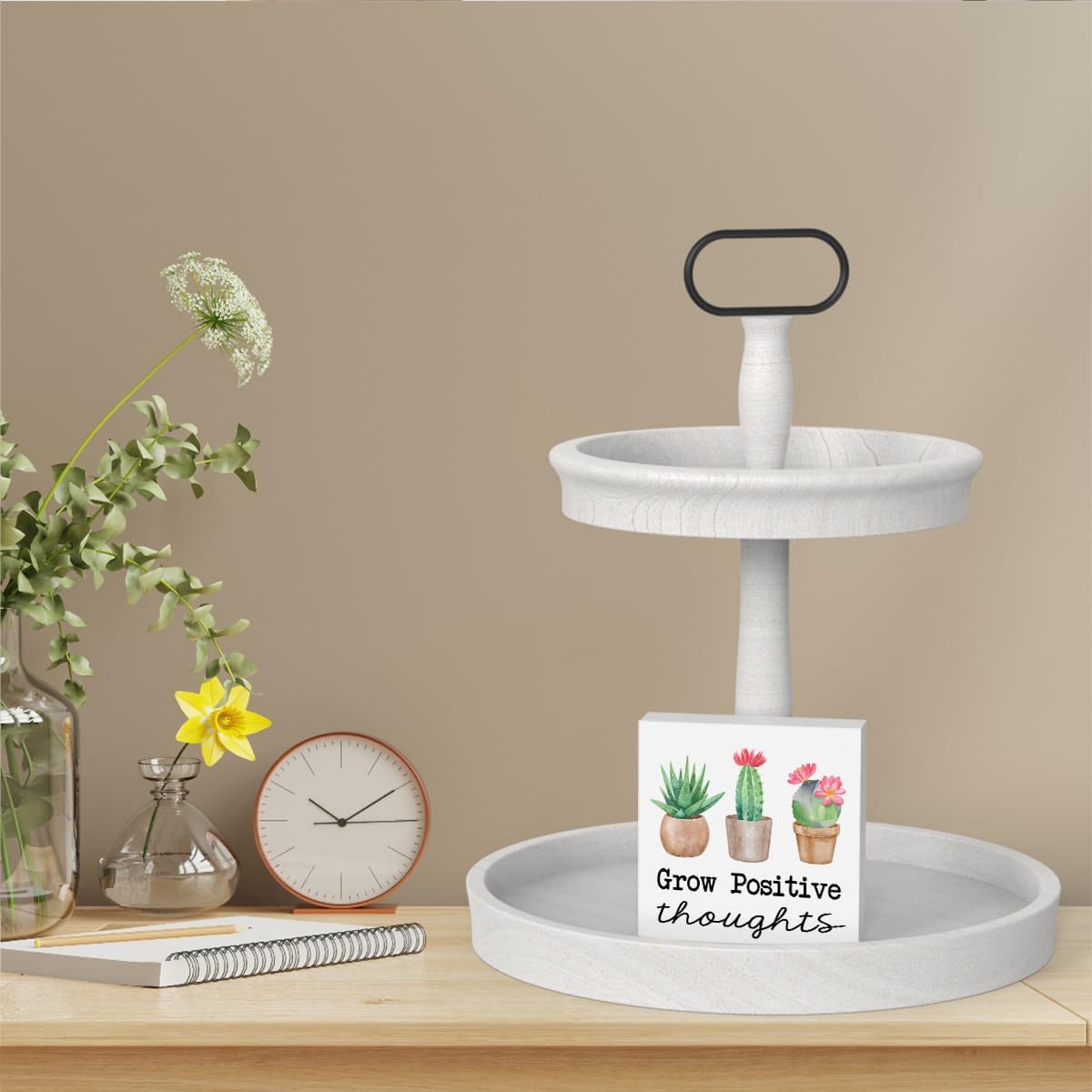 Spring Cactus &#x26; Succulent Decor - Spring Decorations for Home &#x26; Office Decor Grow Positive Thouguht Sign 5x5 Inch