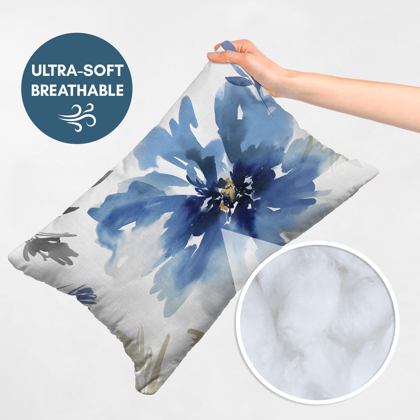 Americanflat Floral Rectangular Throw Pillow with Premium Polyester - White and Indigo