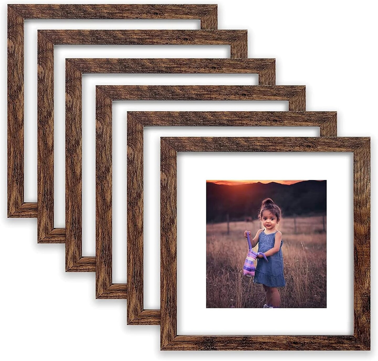 8x8 Picture Frame Rustic Brown Wood Set of 6,Display Pictures 5x5 with Mat or 8x8 Without Mat,Multi Photo Frames Collage for Wall