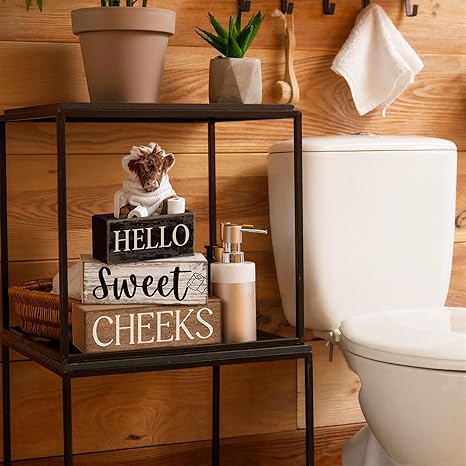 4 Pcs Highland Cow Bathroom Decor Farmhouse Bathroom Decor and Accessories Highland Cow Table Centerpiece Western Hello Sweet Cheeks Decoration for Home Office