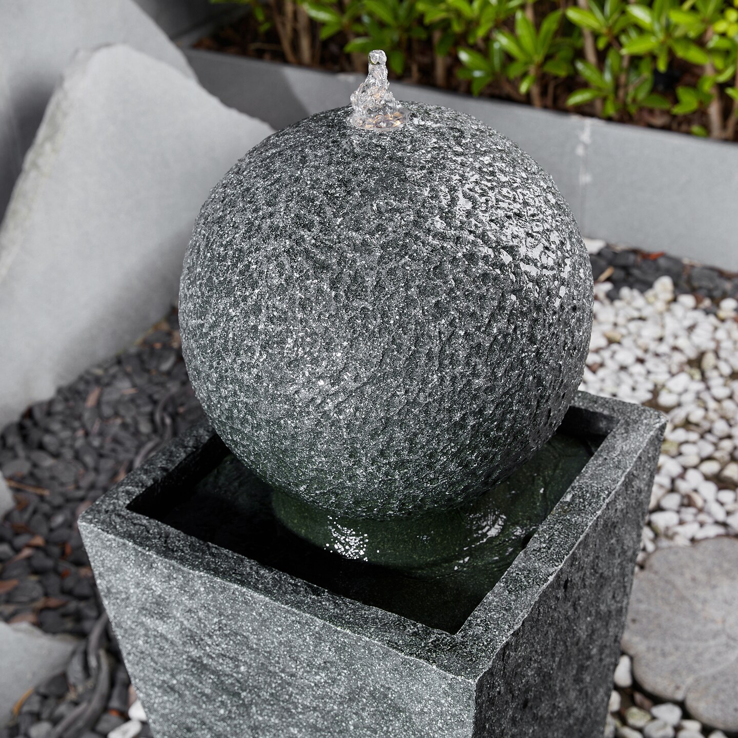 40.25"H Geometric Pedestal and Sphere Outdoor Fountain with LED Light, Polyresin, Includes Pump and Pebbles