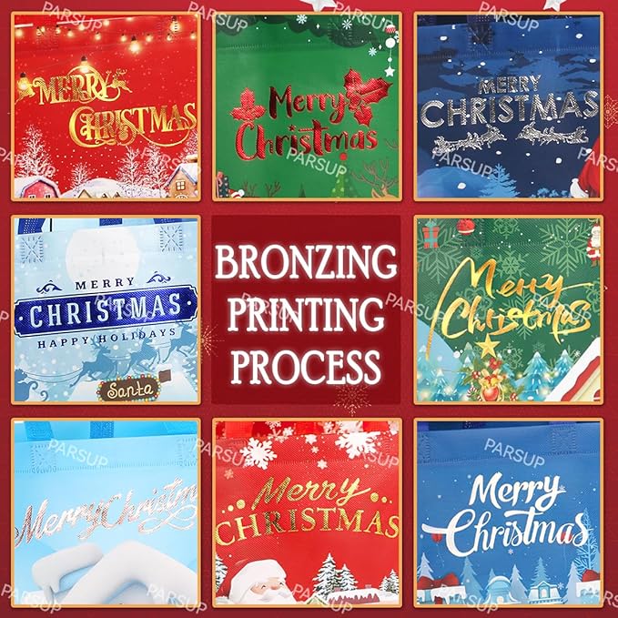 Christmas Gift Bags, BronzingChristmas Tote Bags with Handles, Christmas Treat Bags, Multifunctional Non-Woven Bags for Gifts Wrapping Shopping, Xmas Basket Party Supplies, 12.8&#x22;&#xD7;9.8&#x22;&#xD7;6.7&#x22;