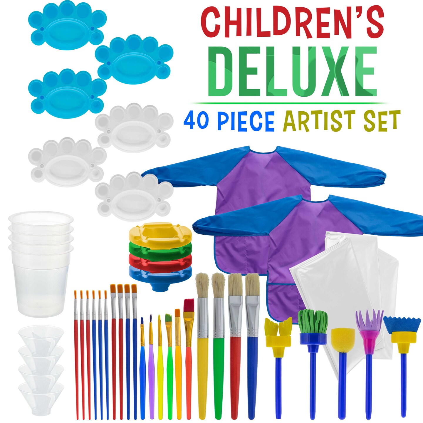 U.S. Art Supply 40-Piece Children&#x27;s Art Painting Supplies and Accessories Kit - 25 Brushes, 4 No-Spill Paint Cups, 6 Palettes, 2 Kids Smocks, 3 Cloths