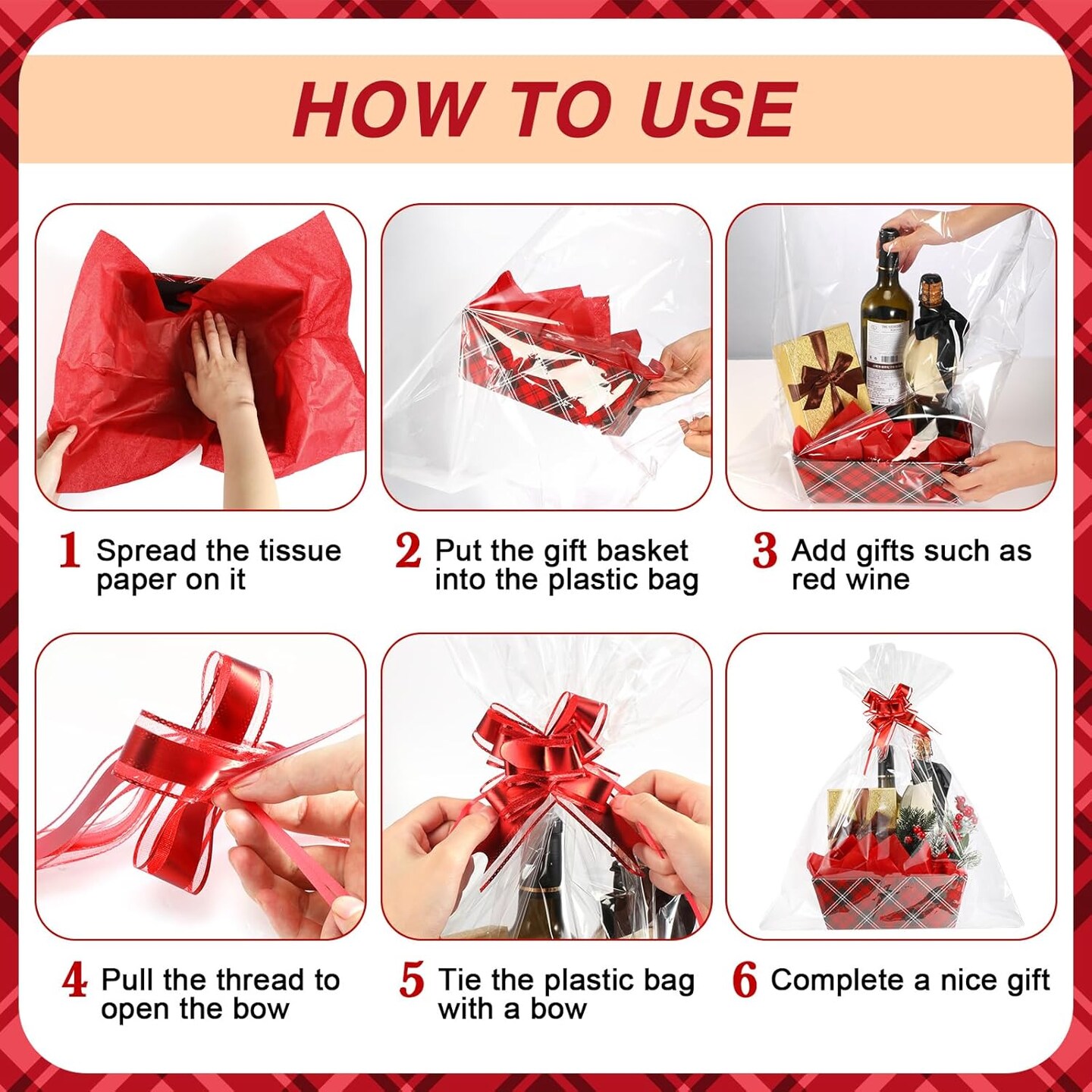 48 Pcs Christmas Buffalo Plaid Baskets for Gifts Empty with Handles DIY Kit Includes 12 Gift Baskets 12 Clear Gift Bags 12 Tissue Paper 12 Bows 12 Gift Tag for Christmas Holiday Birthday Gift