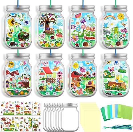 32 Pcs Summer Suncatcher Craft Kit Mason Jar Window Art with
