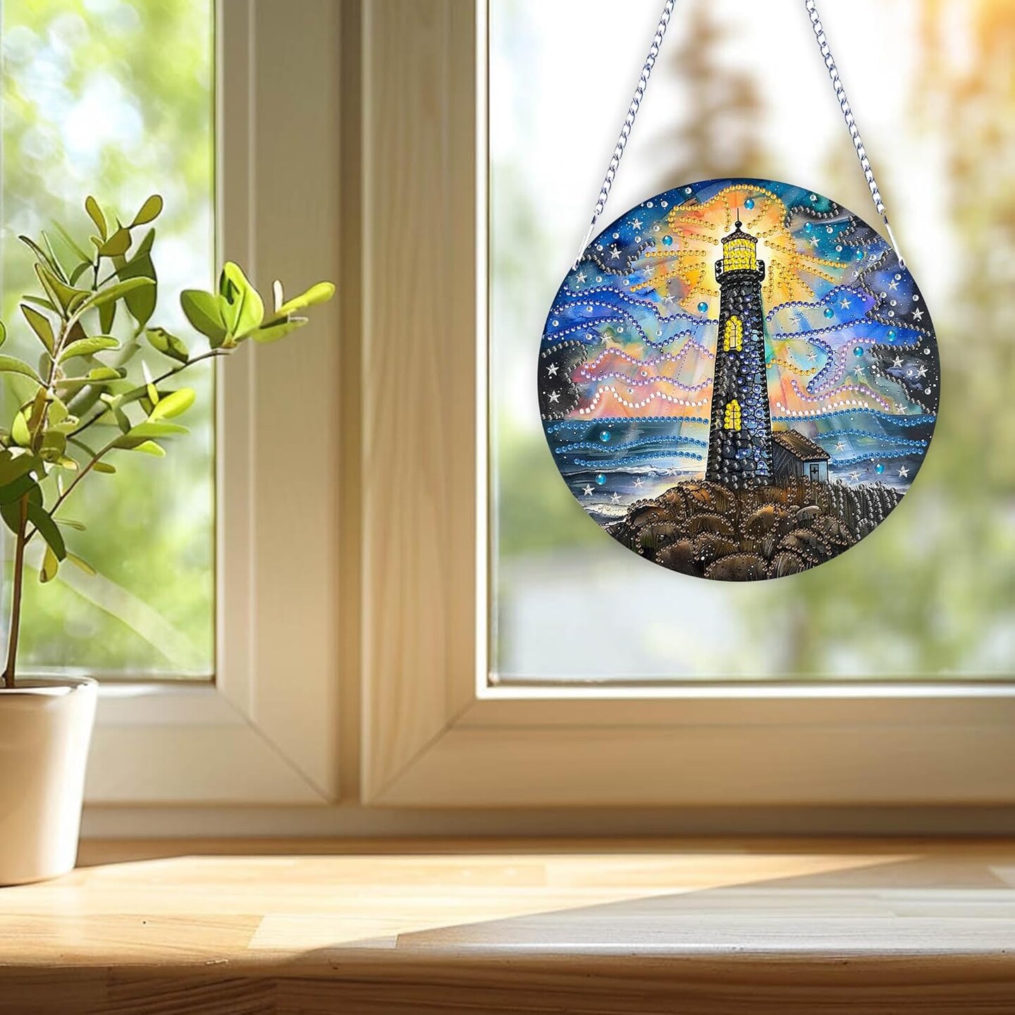 Hanging Diamonds Painting Pendant Kit Lighthouse, 7.4x7.4inch Gem Painting Board Art Kit Ornament, Special Crystal Diamond, Box Package