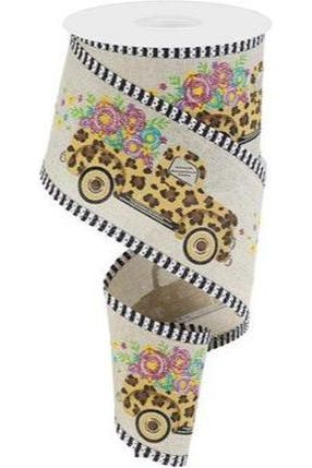 2.5&#x22; Leopard Truck Flower Stripe Ribbon: Natural (10 Yards)