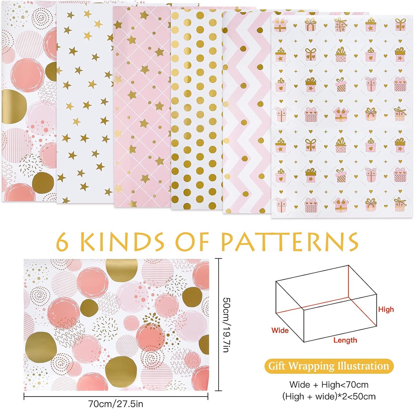 6 Sheets Gold and Pink Birthday Gift Wrapping Paper, Gold Pink Gift Wrap Paper for Wedding