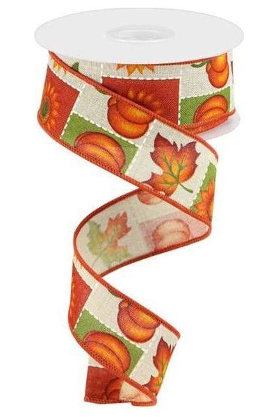 1.5&#x22; Pumpkin Sunflower and Maple Leaf Ribbon: Lt Natural (10 Yards)