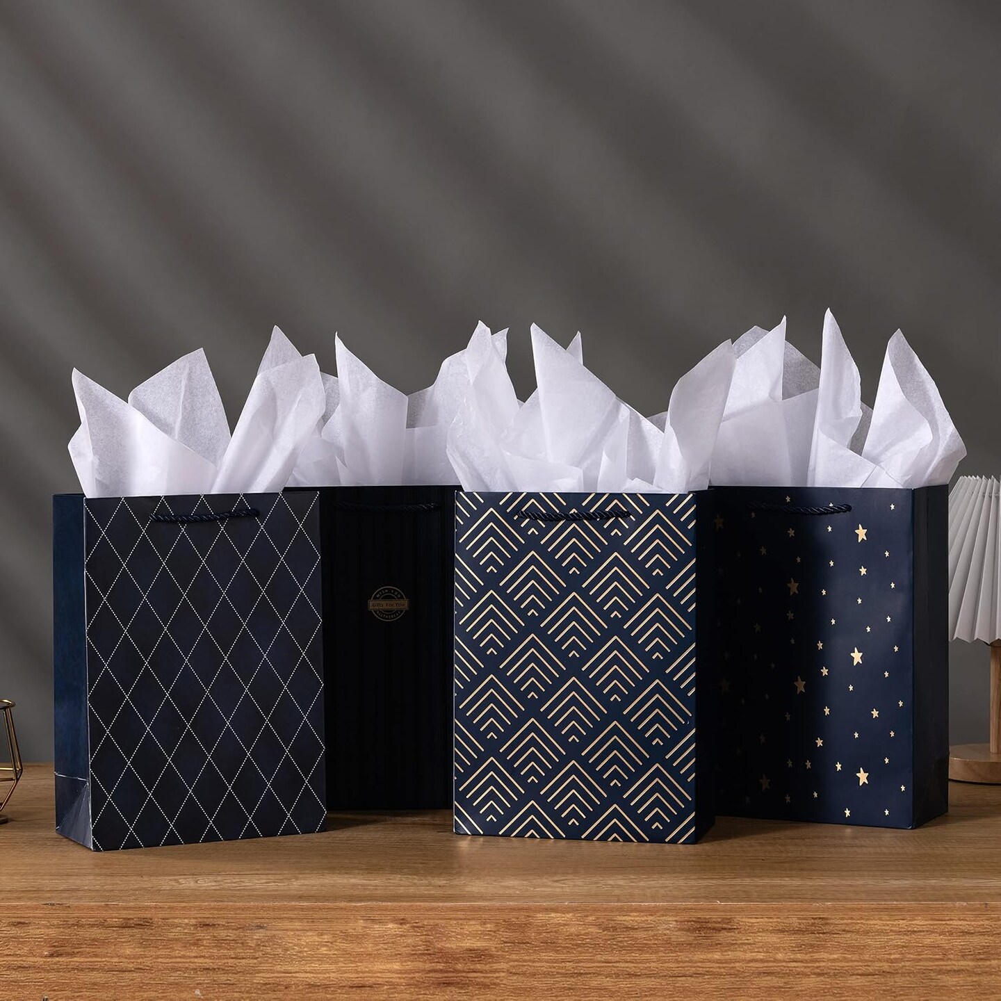 Gift Bags, 10 Pack Navy Blue with Gold Foil Stars, Kraft Paper Bags with Handles, Bulk for Men, Groomsmen