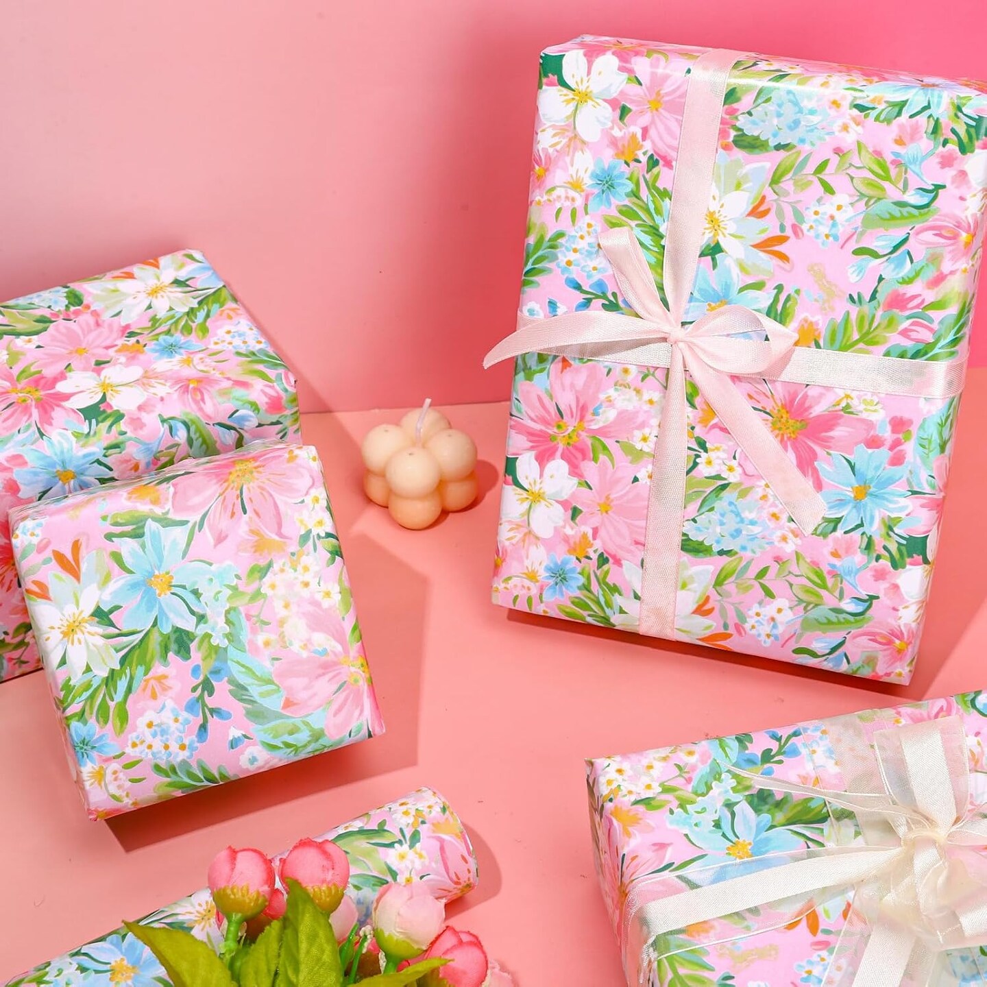 Spring Floral Wrapping Paper – Mini Roll 17" x 32.8 Ft | Watercolor Pink & Blue Flowers for Wedding, Birthday, Baby Shower & DIY Crafts (Pink)