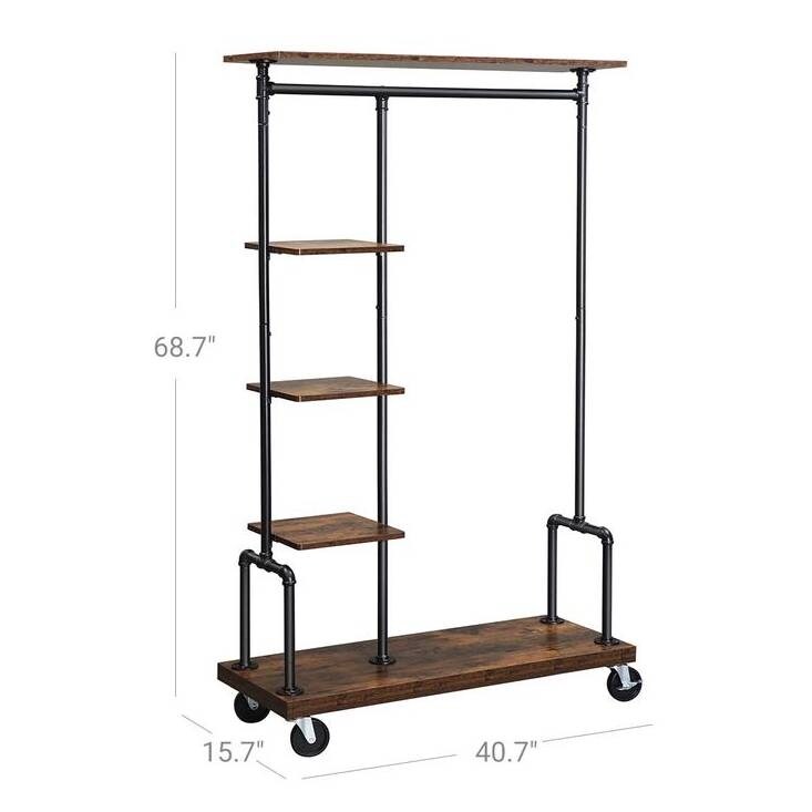 Rustic Brown Industrial Metal Pipe Clothes Rack with Wood Shelves and Locking Wheels