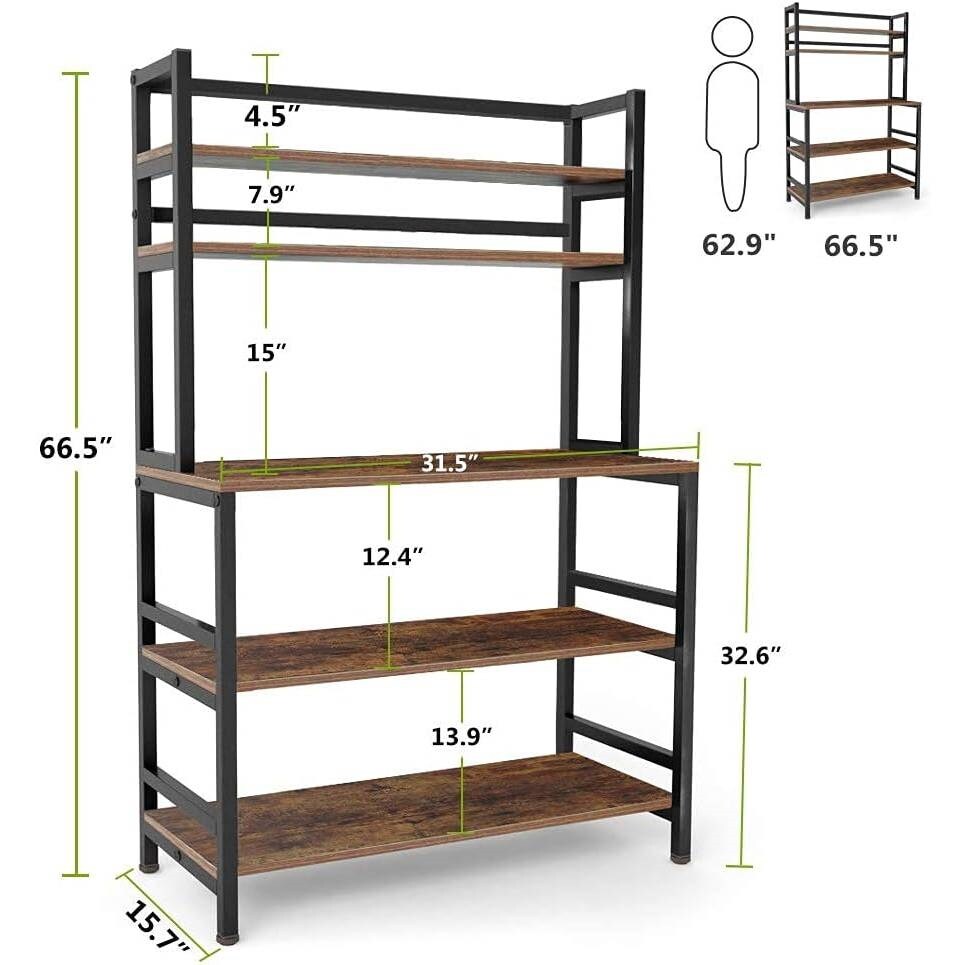 Rustic Brown Wood and Metal Kitchen Baker’s Rack with 5 Shelves and Large Countertop