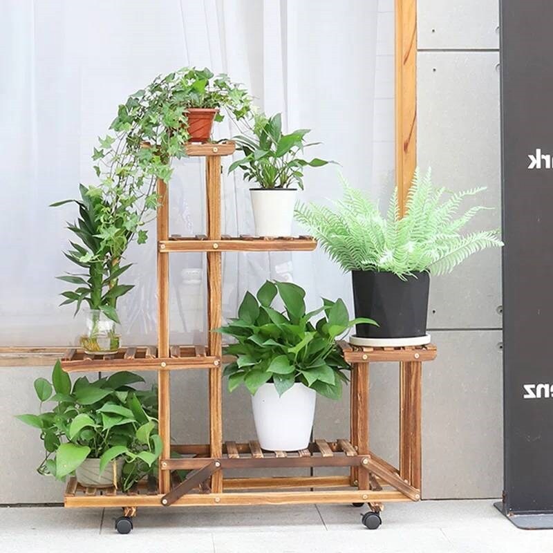 6-Shelf Wooden Plant Stand with Locking Wheels for Indoor Outdoor Use