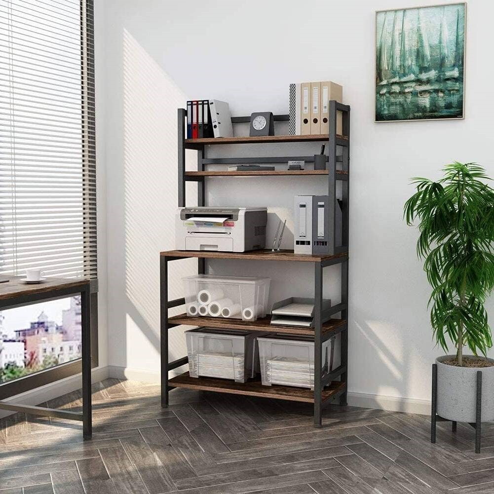 Rustic Brown Wood and Metal Kitchen Baker’s Rack with 5 Shelves and Large Countertop