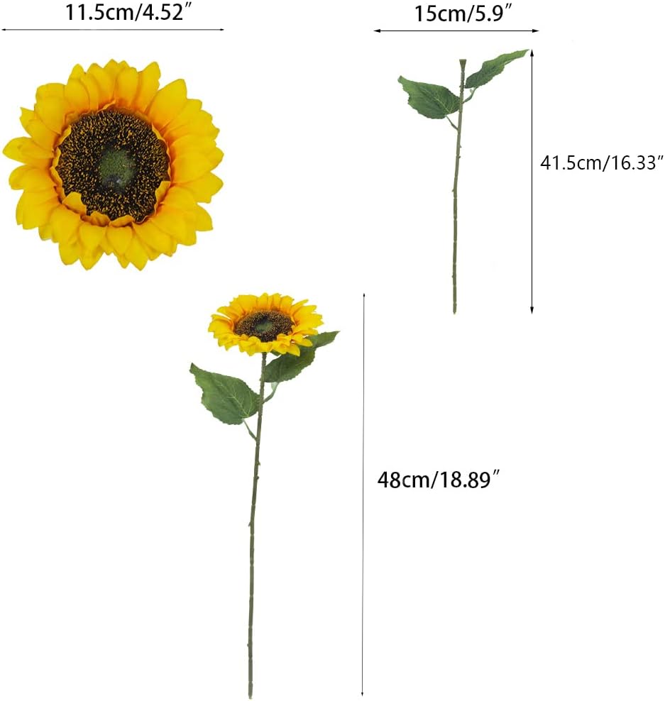 Summer Floral Arrangement - 6PCS Artificial Sunflowers with Stems, Realistic Silk Yellow Flowers for Wedding, Table Centerpieces, and Indoor/Outdoor Decoration