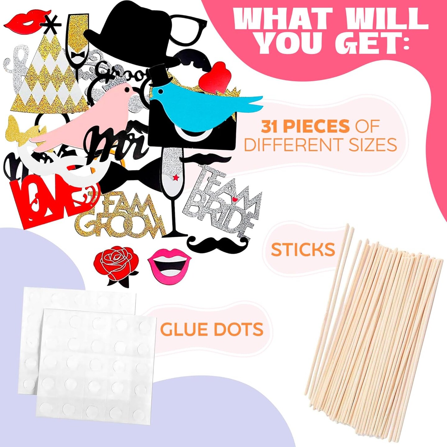 31Pcs Wedding Photo Booth Props &#x2013; Funny Photo Booth Accessories with Variety Themes &#x2013; Diverse &#x26; Vibrant Props for Photobooth, Designed to Elevate Wedding, Birthday &#x26; Party Photoshoots