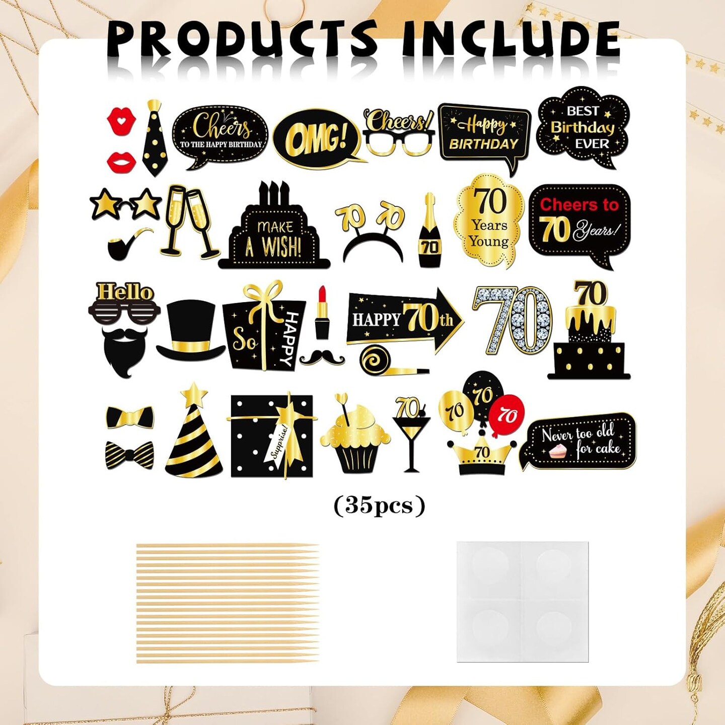 70th Birthday Photo Booth Props, Women Men 70th Birthday Photoshoot Funny Birthday Party Photography Props Favor 70 Years Old Centerpiece Sticks Decorations Black &#x26; Gold 35 PCS