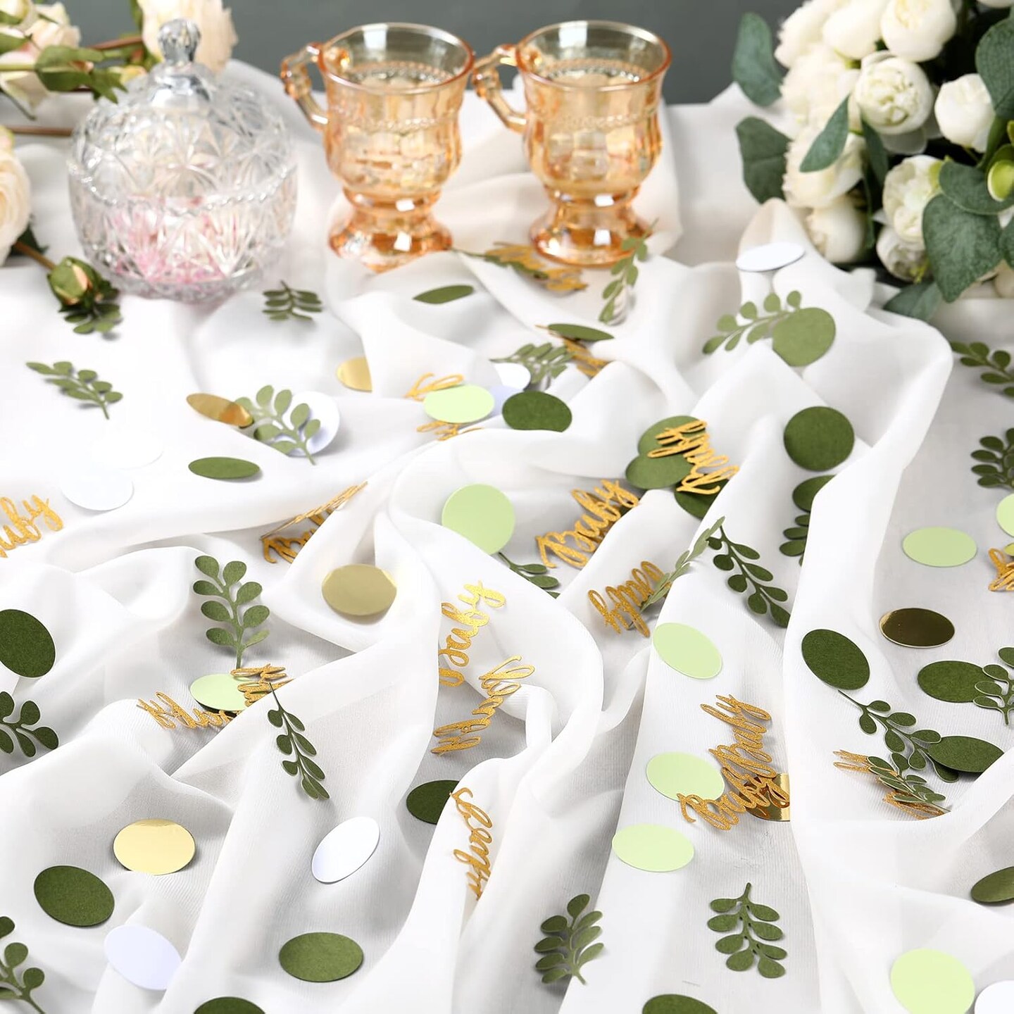 400 Pcs Greenery Baby Shower Confetti Scatter Decorations Green Brown White Table Confetti Dots with Eucalyptus and Gold Scatter for Baby Shower Gender Reveal Decor