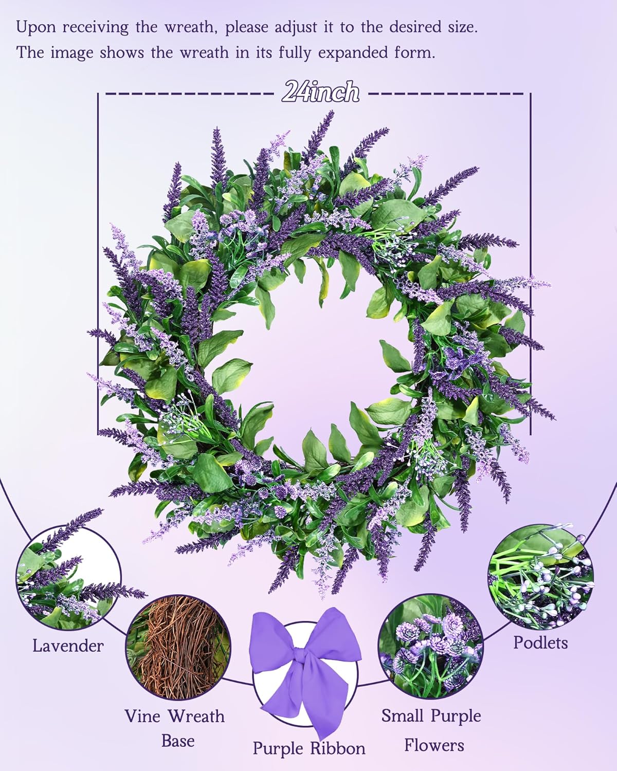24 Inch Large Purple Lavender Wreath for Front Door