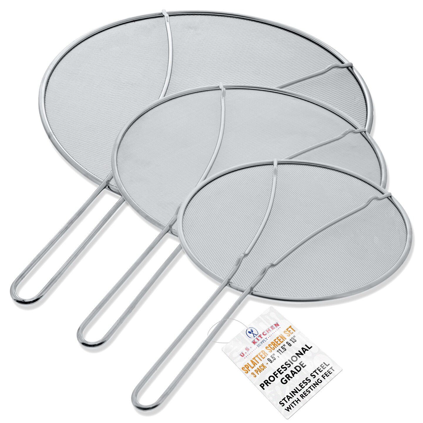 U.S. Kitchen Supply&#xAE; 13&#x22;, 11.5&#x22;, 9.5&#x22; Stainless Steel Fine Mesh Splatter Screen with Resting Feet Set - For Boiling Pots, Frying Pans - Grease Oil Guard, Safe Cooking Lid