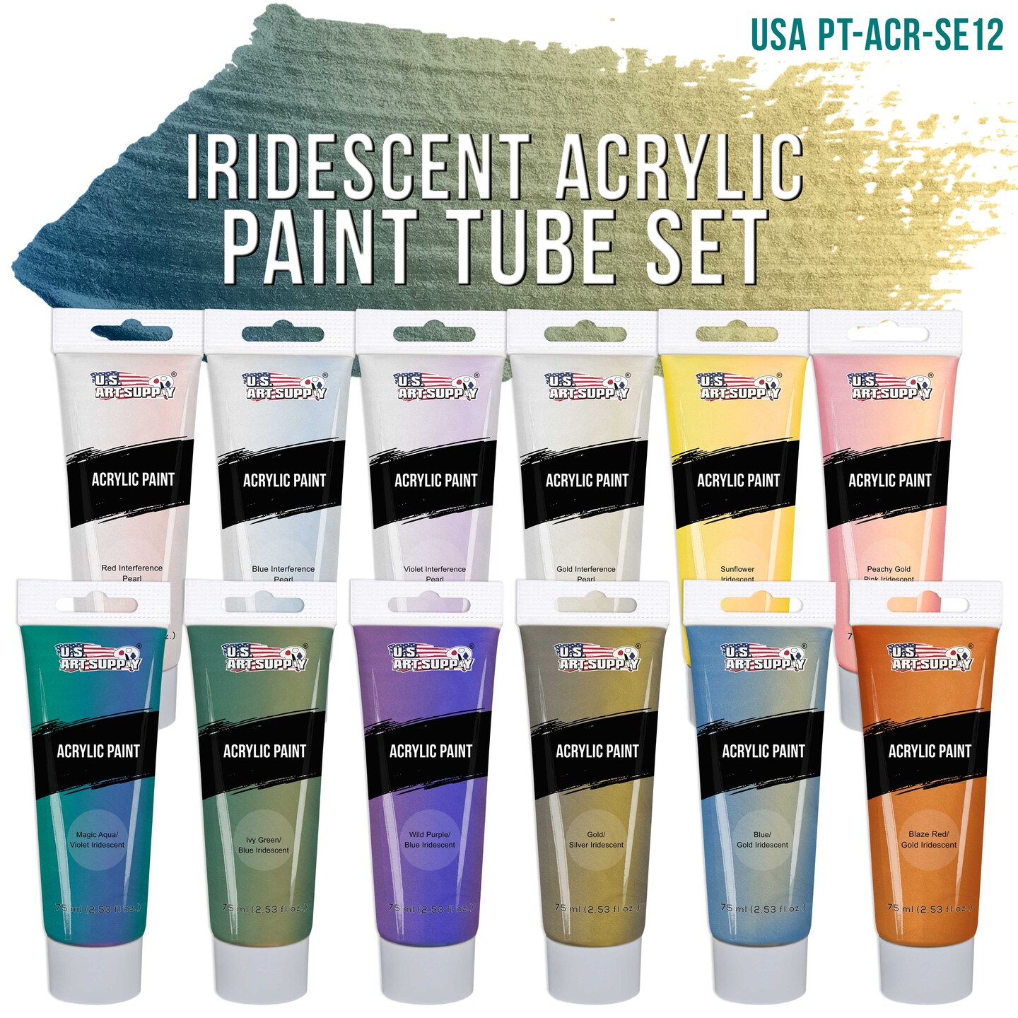 U.S. Art Supply Professional 12 Color Set of Iridescent Acrylic Paint, 75ml Tubes - Luminescent Special Effect Chameleon Color-Shifting Pearl Colors