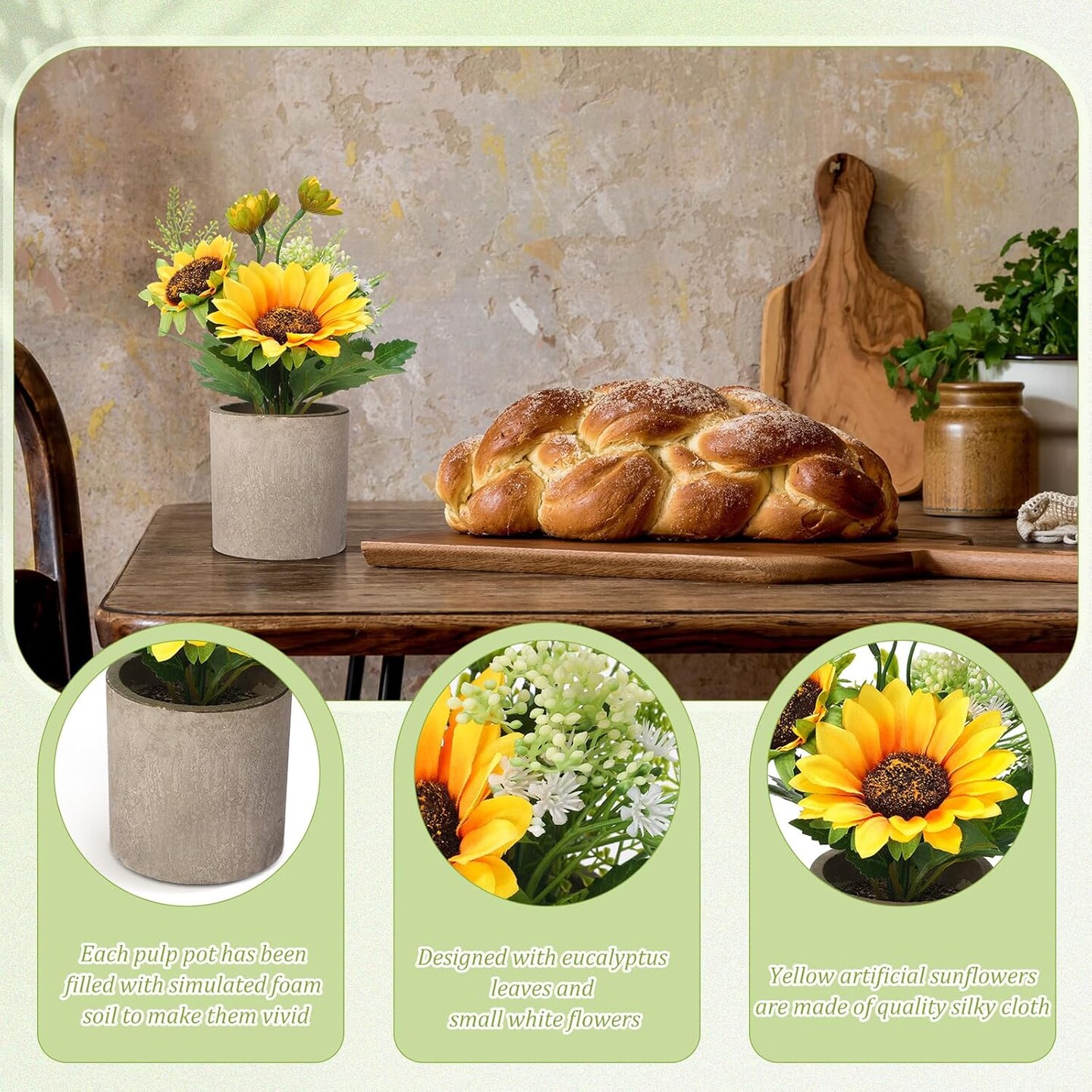 Summer Sunflower Floral Arrangements&#x2013; 10 Pcs Artificial Flowers in Rustic Pots, Faux Sunflower Centerpieces for Seasonal Home &#x26; Kitchen Displays