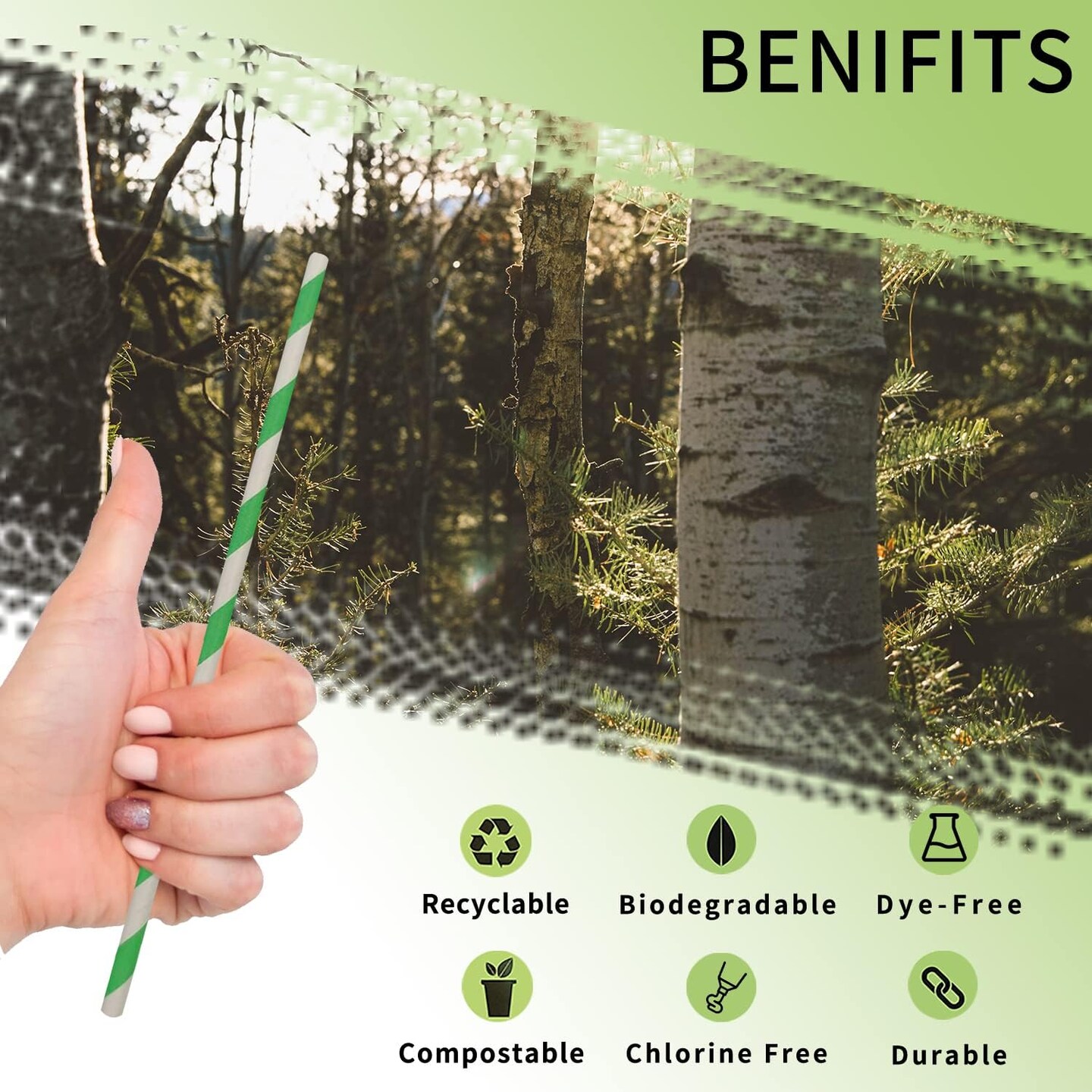 Forest Green Striped Paper Straws, Premium [100 Pack] Disposable Green And White Striped Paper Drinking Straws for Christmas Spring Party Supply