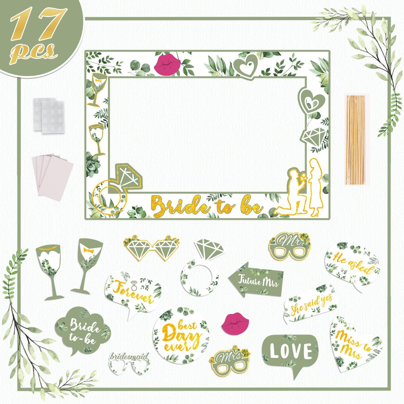 Bridal Shower Decorations Sage Green Wedding Decorations Engagement Party Decorations She Said Yes Party Photo Booth Frame &#x26; Props for Wedding Party Supplies
