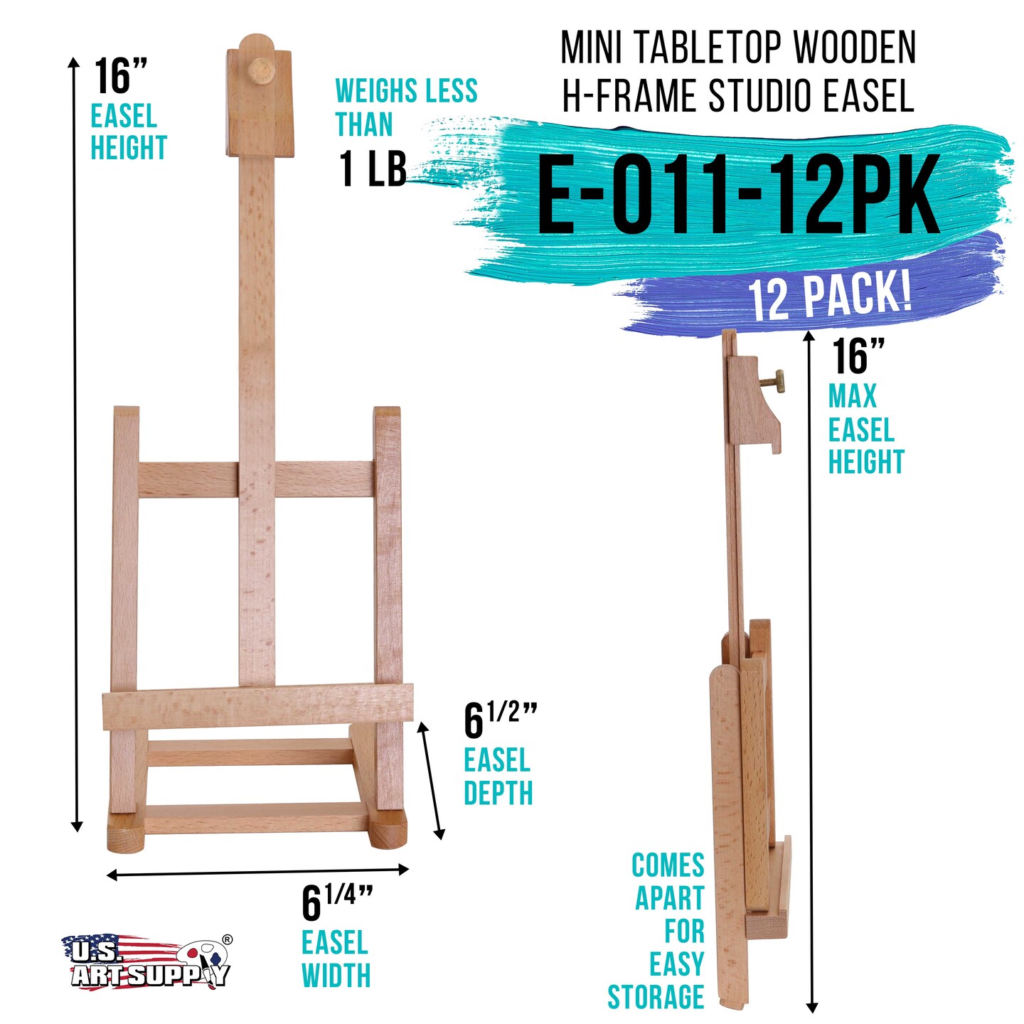 16&#x22; Mini Tabletop Wooden H-Frame Studio Easel (Pack of 12) - Artists Adjustable Beechwood Painting and Display Easel, Holds Up To 12&#x22; Canvas, Holder