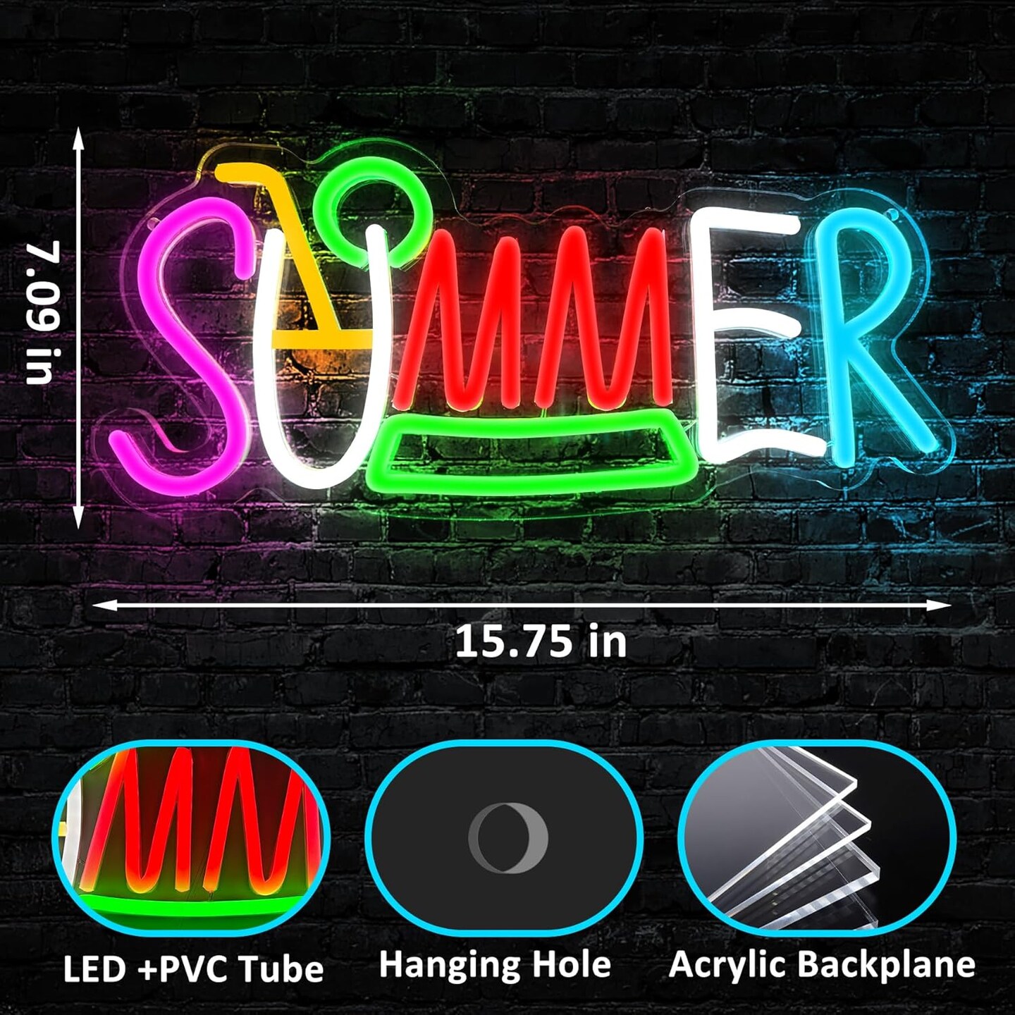 Summer Neon Surf Wave Sign &#x2013; USB Powered Tropical LED Wall Decor for Bar, Game Room &#x26; Living Room