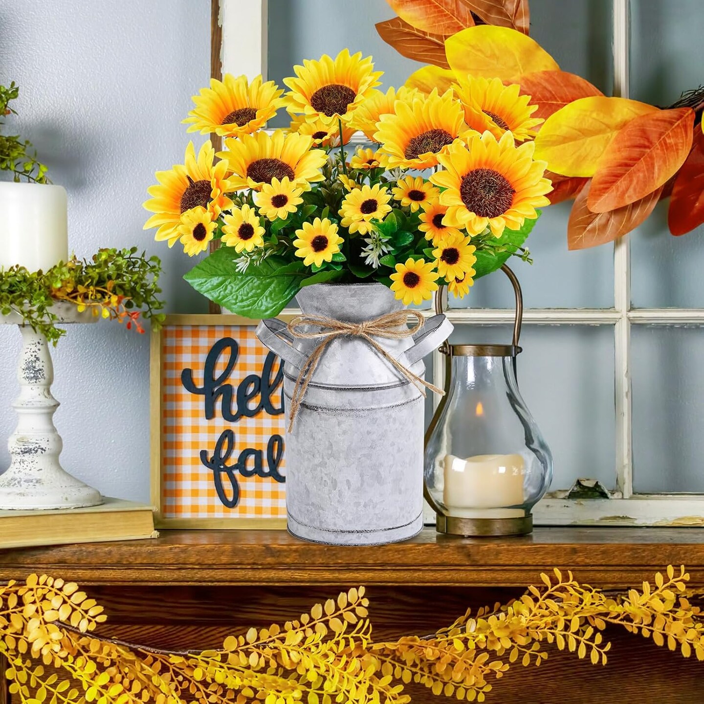Summer Farmhouse Sunflowers – 13" Metal Milk Jug with Artificial Sunflower Bunches for Rustic Home & Kitchen Decor Floral Arrangements