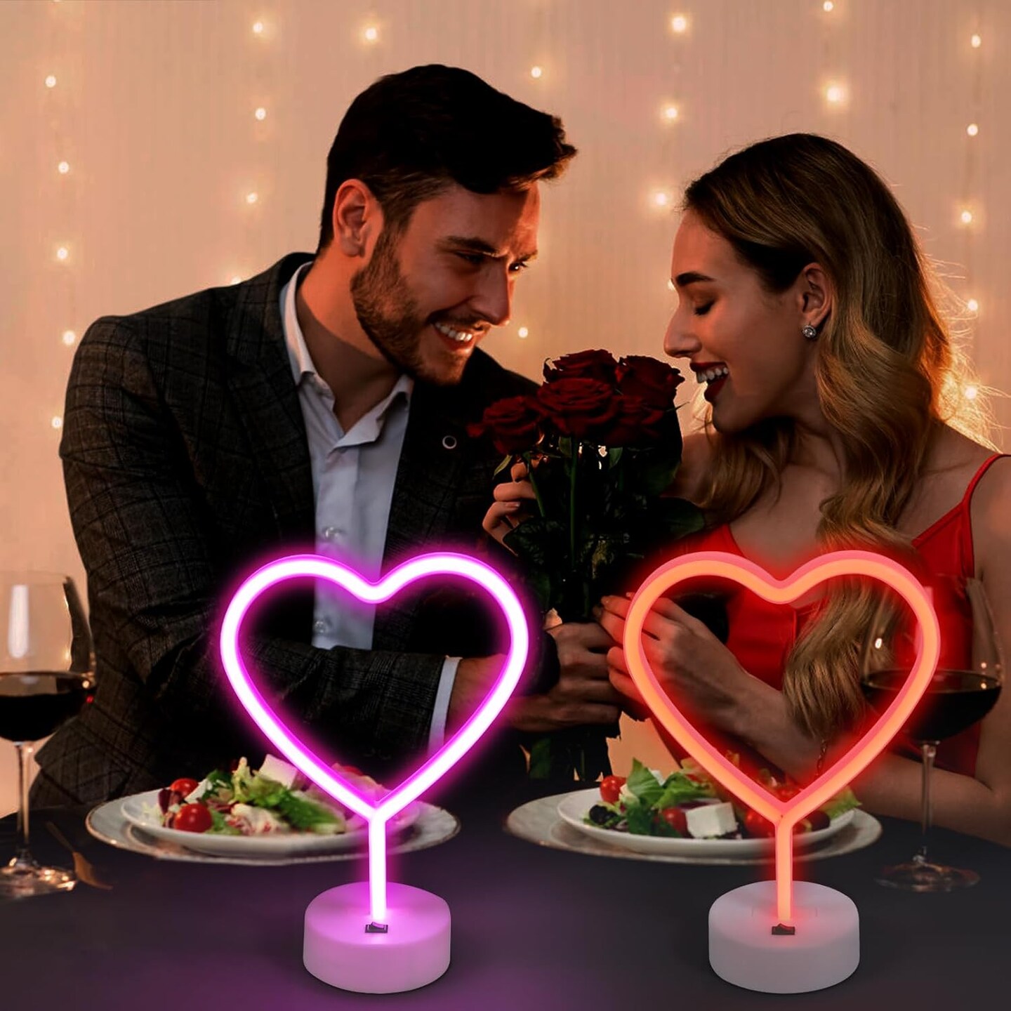 Summer Heart Neon Signs – 2-Pack Pink LED Heart Lights, Battery or USB Powered Neon Lamp for Bedroom, Party, and Room Decor