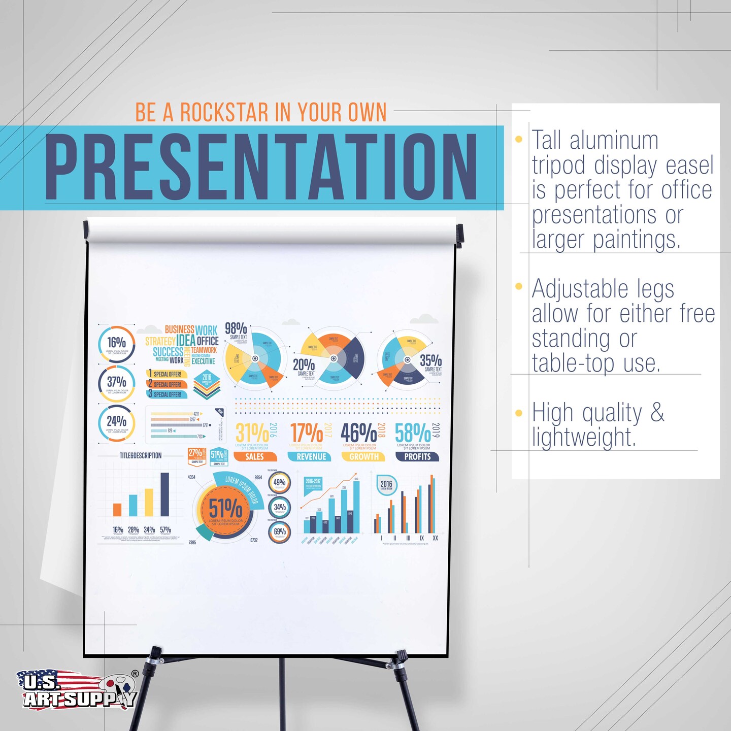 66" High Boardroom Black Aluminum Flip Chart Easel & Presentation Stand (4 Pack) - Adjustable Floor/Tabletop, Portable Tripod, Holds 25 lbs., for Chart Paper, Poster Boards, & Pads