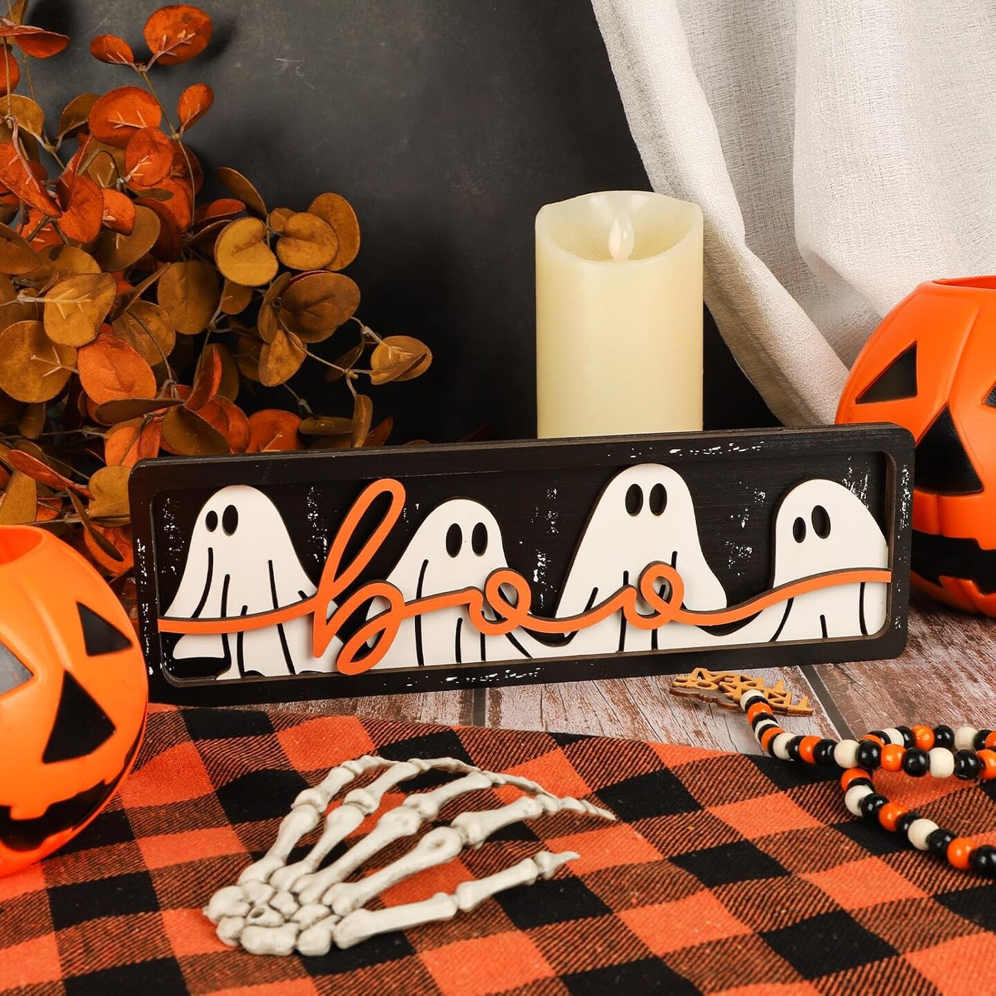 Vintage Halloween BOO Wooden Sign Decor, Retro Black Orange Ghost
