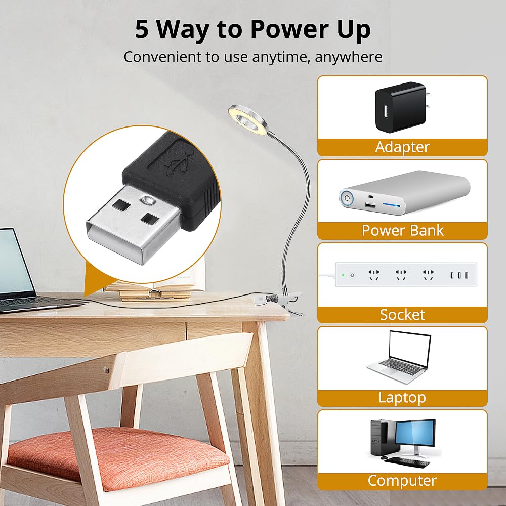 Skymore Clip on Light -3 Color Modes&#x26;10 Brightness LED Reading Desk Light with Clamp Flexible Gooseneck Book Light for Kids&#x27; Bedtime Reading, Zoom Meetings, Clip on Table, Headboard, Dorm&#x26;Office Use