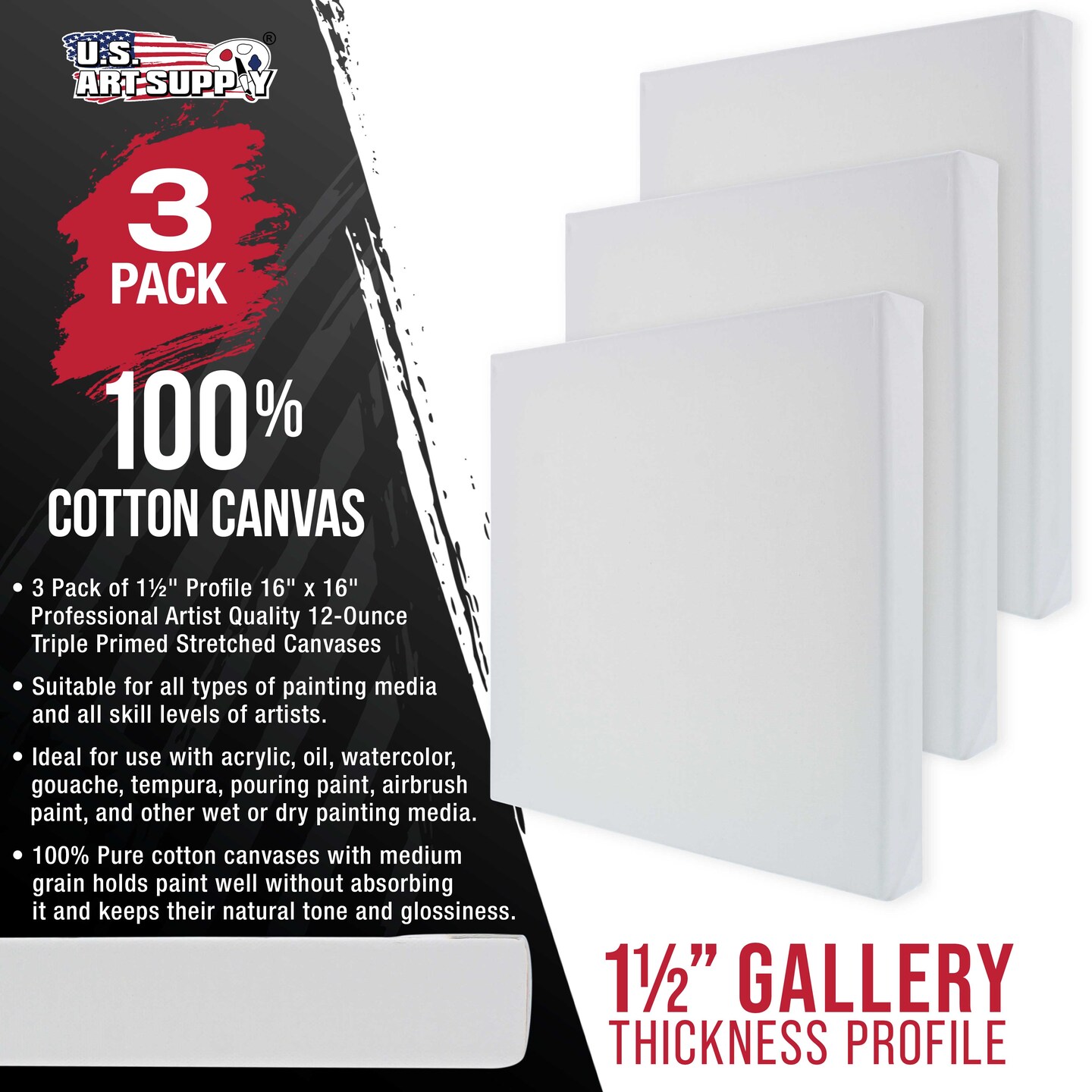 Large Stretched Canvas for Painting 16x16 inch Gallery Depth 1-1/2&#x22; Thick, 3-Pack - 12oz Acrylic Gesso Triple Primed, Professional Artist Quality, 100% Cotton - Oil, Pouring Paint