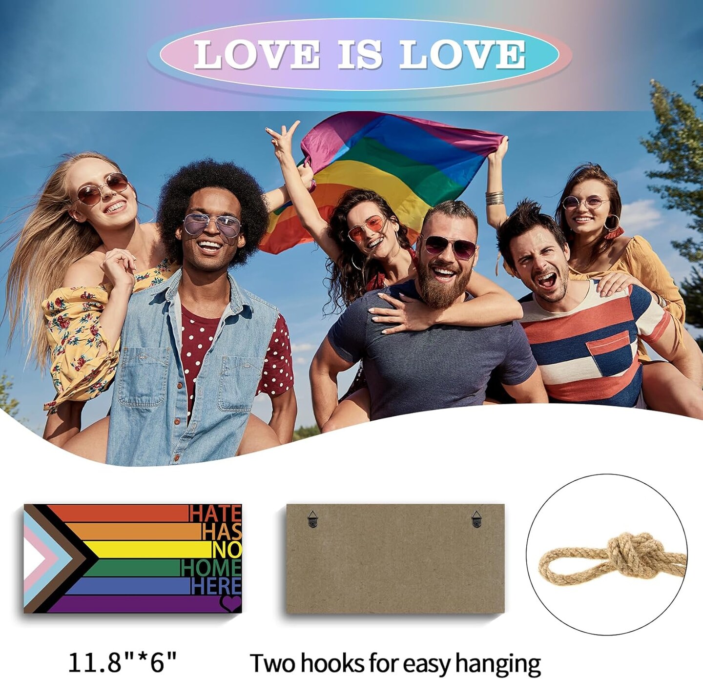 LGBT Rainbow Sign Front Door Decor, Hate Has No Home Here Pride Flag Wooden Wall Decor,Gay Pride Rainbow Decorations for Home Wall Porch Front Door Classroom