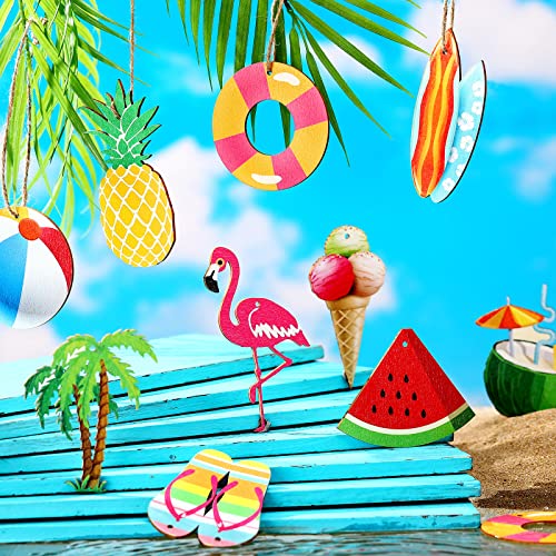 Summer Tree Ornaments Wood Hanging Decoration Beach Wooden Slices Christmas Winter Tree Ornaments with String for Luau Hawaiian Party Supplies(Cute Style, 30 Pieces)