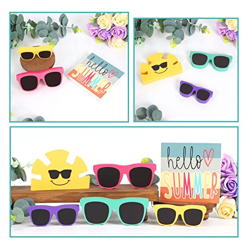 Summer Decor - 6 PCS Rustic Summer Tiered Tray Decor - Hello Summer Sunglasses Sunshine Wood Decorations - Luau Party Decorations
