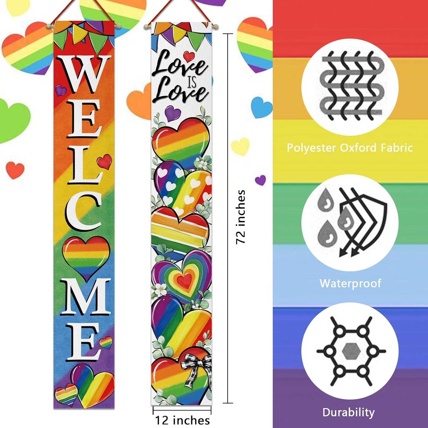 Welcome Love is Love Rainbow Porch Banner Sign, LGBTQ Heart Pride Month Front Door Decorative Hanging Banner Flag, LGBT Gay Lesbian Bisexual Pansexual Decoration Home Outdoor Decor