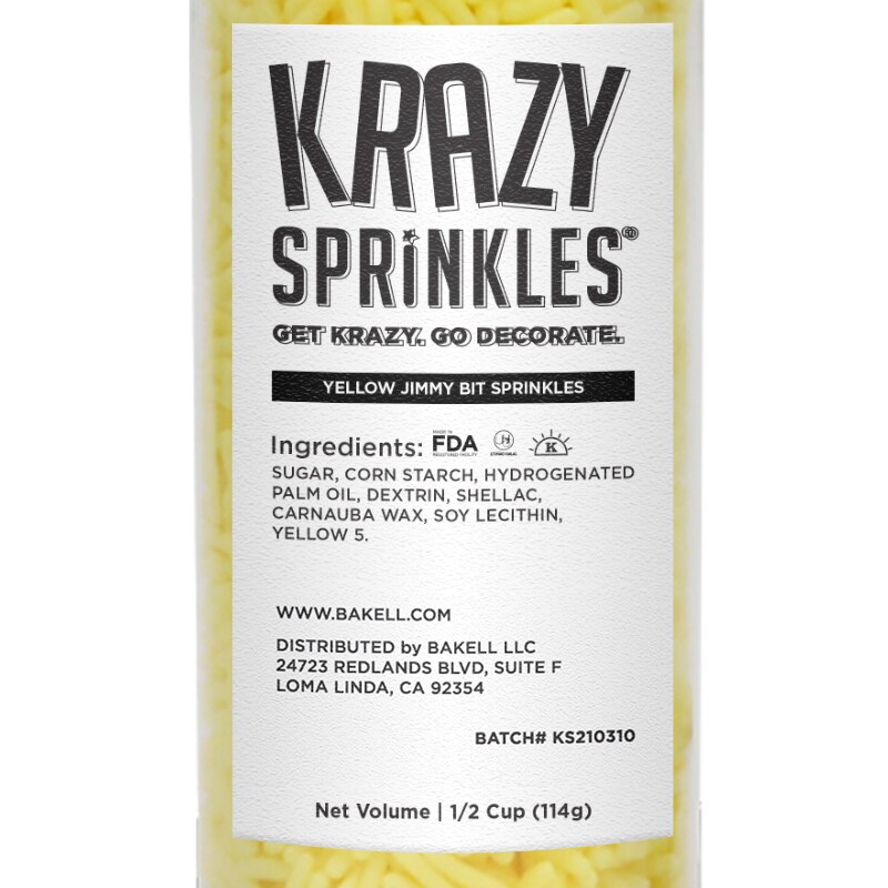 Krazy Sprinkles - Yellow Jimmies (1/2 Cup, 1x Jar) for Cakes, Ice Cream &#x26; Cookies