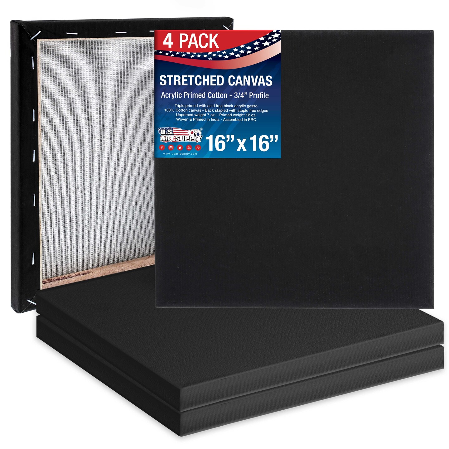 16 x 16 inch Black Stretched Canvas 12-Ounce Primed, 4-Pack - Professional Artist Quality 3/4&#x22; Profile, 100% Cotton, Heavy-Weight, Gesso