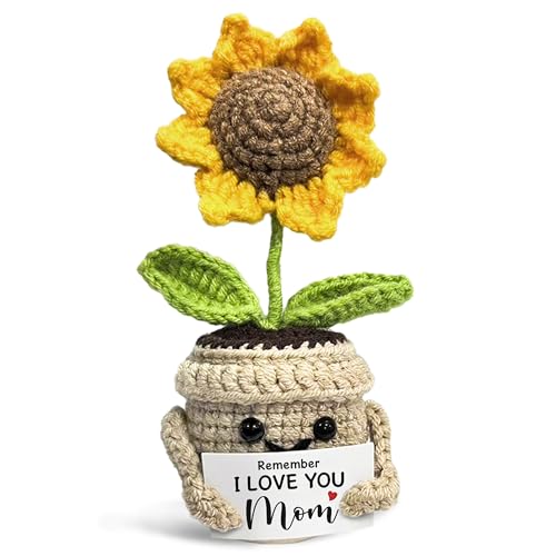 Mini Birthday Gifts for Mom, Mom Gifts from Daughters Remember I Love You MOM, Handmade Crochet Cute Small Sunflower Gifts, Gift for Mom from Daughter, Son, Mothers Day for Mom
