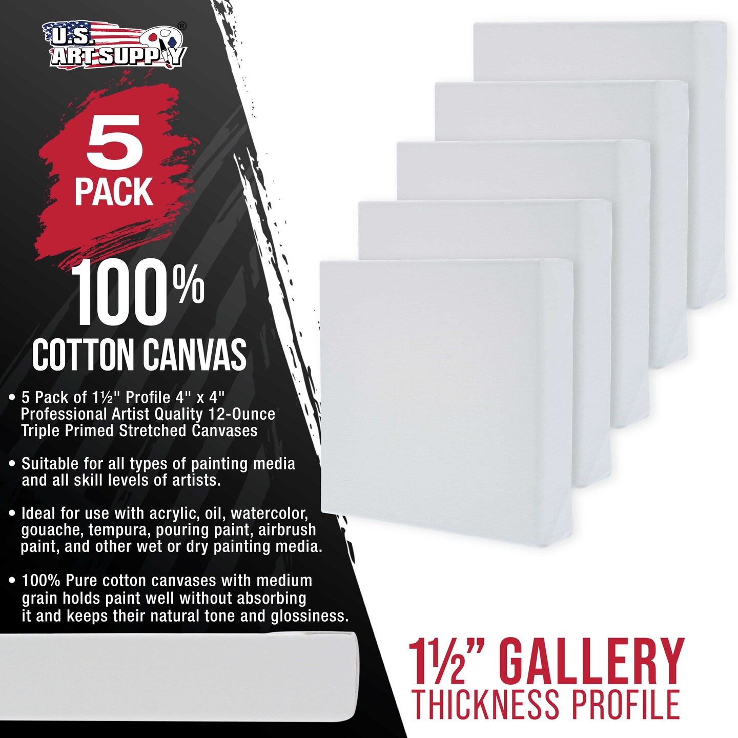 5-Pack Bulk Stretched Canvas for Painting 4 x 4 inch, Gallery Depth 1-1/2&#x22; Profile - 12oz Acrylic Gesso Triple Primed, Professional Artist Quality, 100% Cotton - Oil, Pouring Paint