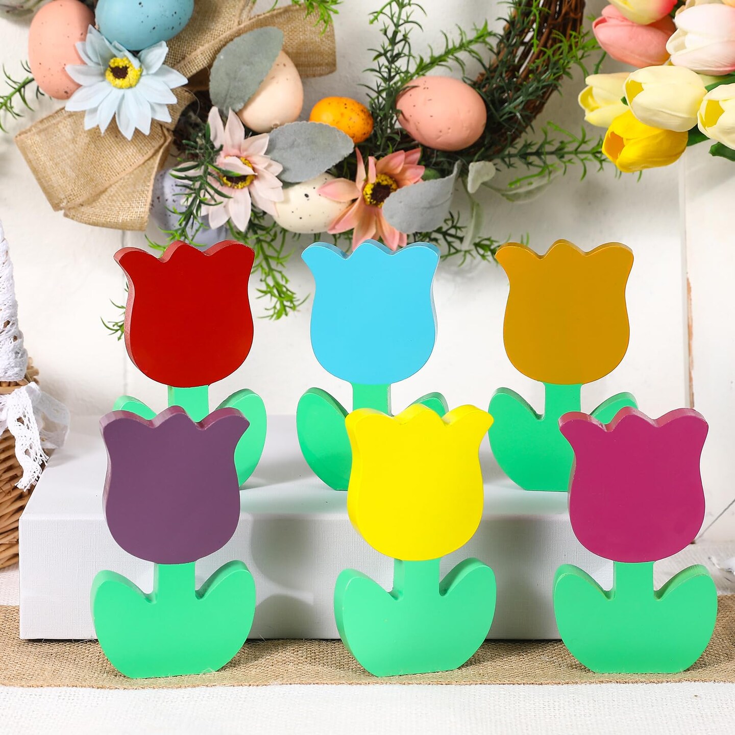 Spring Decorations for Home-6Pcs Wooden Tulips Flowers -Spring Decor Farmhouse Tulip Signs for Home Easter Rustic Shelf Mantel Tiered Tray Tabletop Windowsill Decor