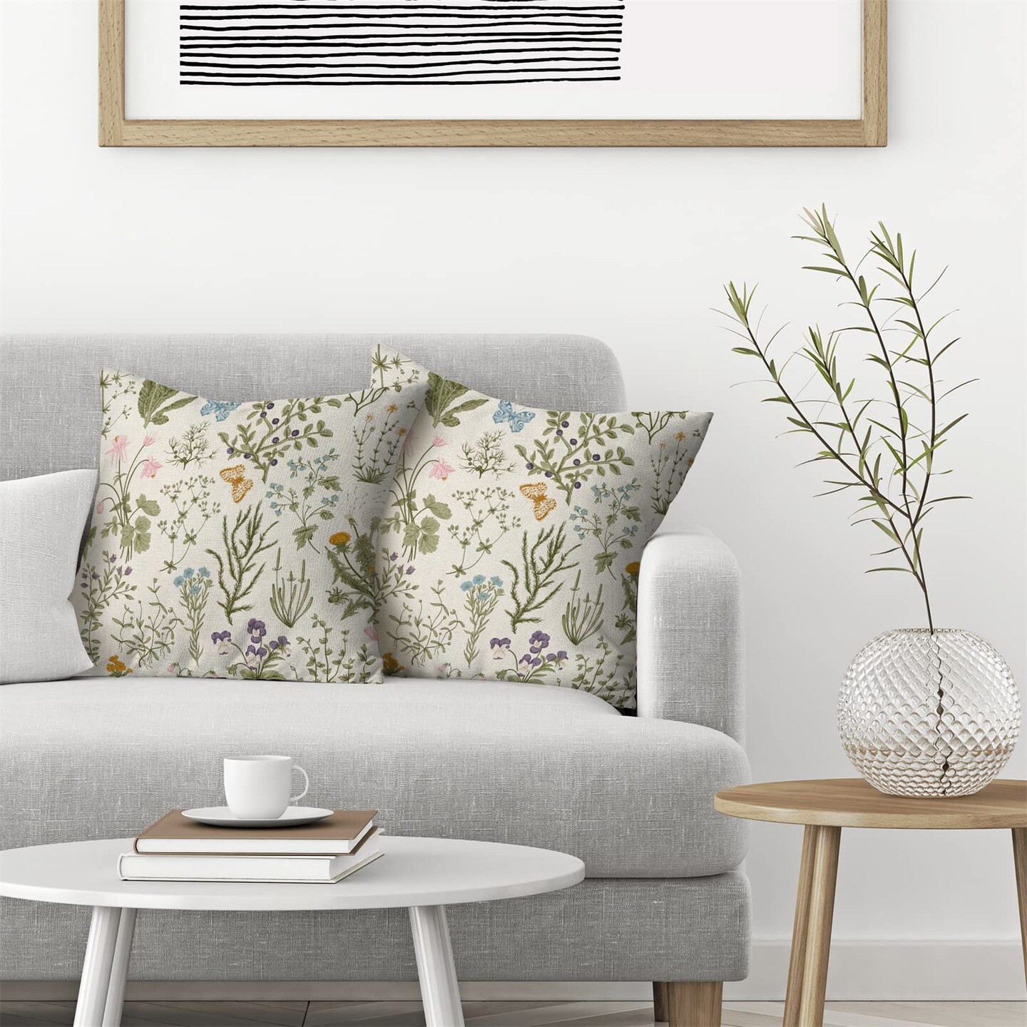 Spring Pillow Covers 18x18 Inch Set of 2,Sage Green Wild Flower Plant Throw Pillows Case,Seasonal Floral Outdoor Decorative Square Linen Farmhouse Decor Cushion Covers for Home Sofa Bed Couch